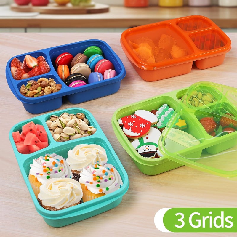 buluker 8 Pack Bento Lunch Box Set 3 Compartment Wheat Straw Meal Prep Food Storage Containers Plastic, Microwave and Dishwasher Safe （Jewel Brights） - Image 5